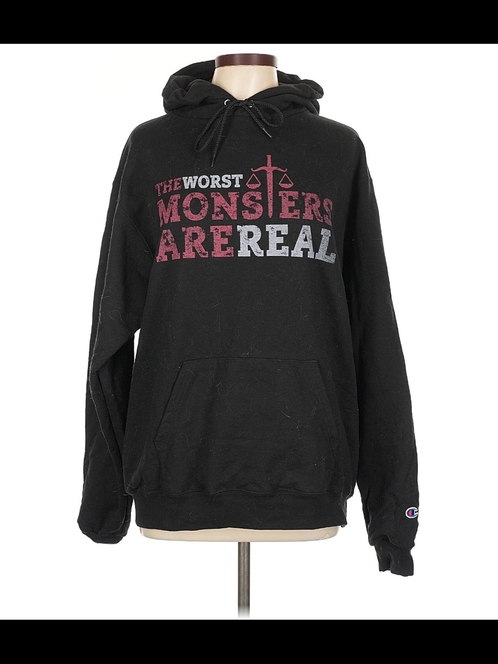 Champion Black Hoodie Sweatshirt with Red and Gray Graphic